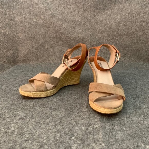 Michael Michael Kors Brown Tan Leather Suede Ankle Strap Peep Toe Wedge Sandals - Picture 3 of 12
